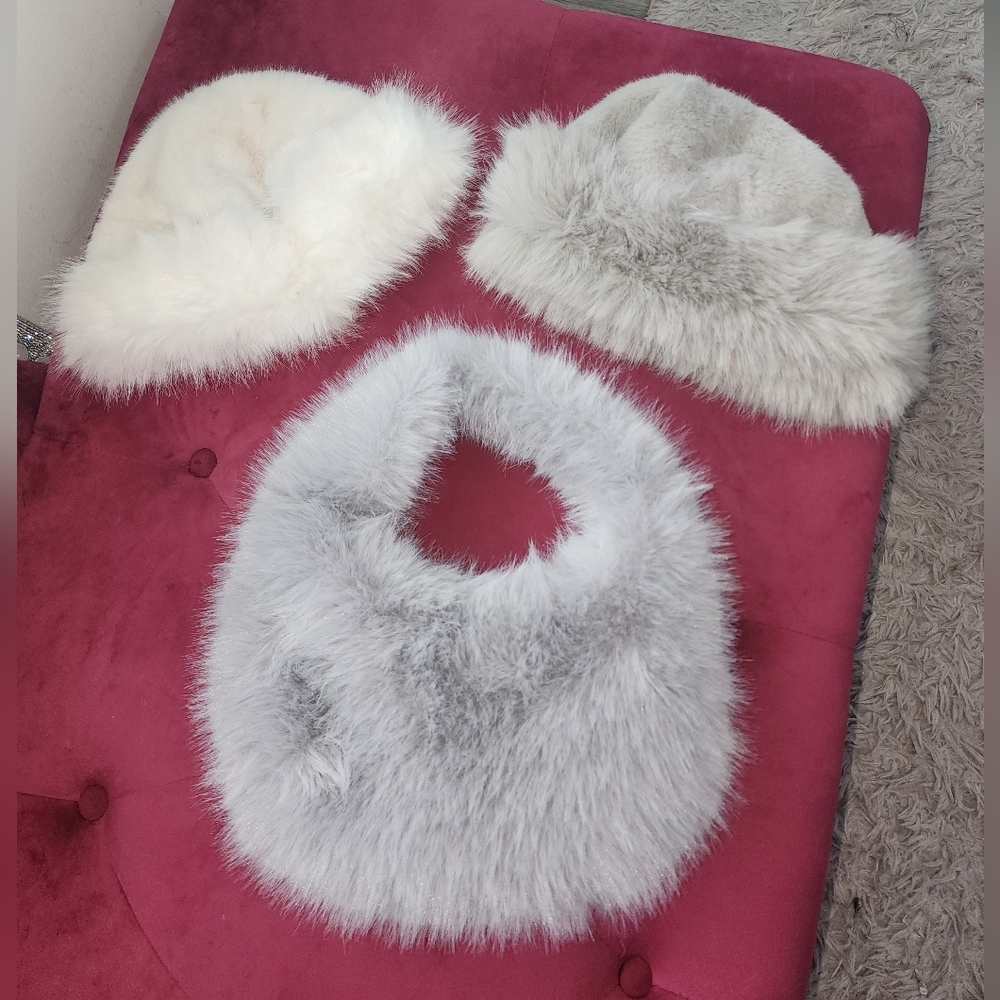 Two Faux Fur Hats and Faux Fur Purse